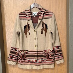 Beige Western Horse Intarsia Cardigan Sweater